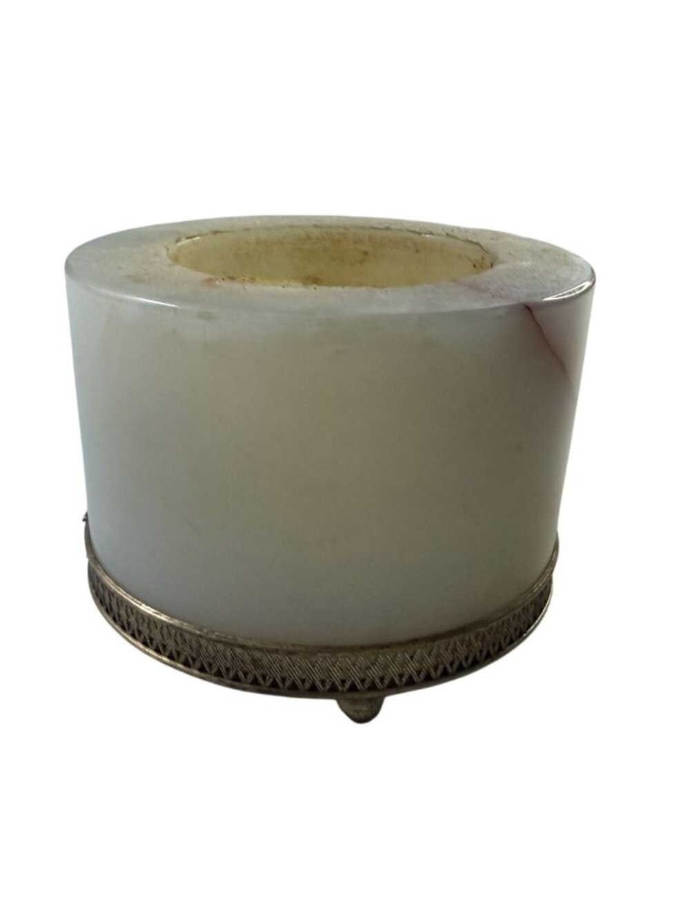 Vintage White Alabaster Stone Cigarette Holder Brass Tone Footed Base Pink Veini